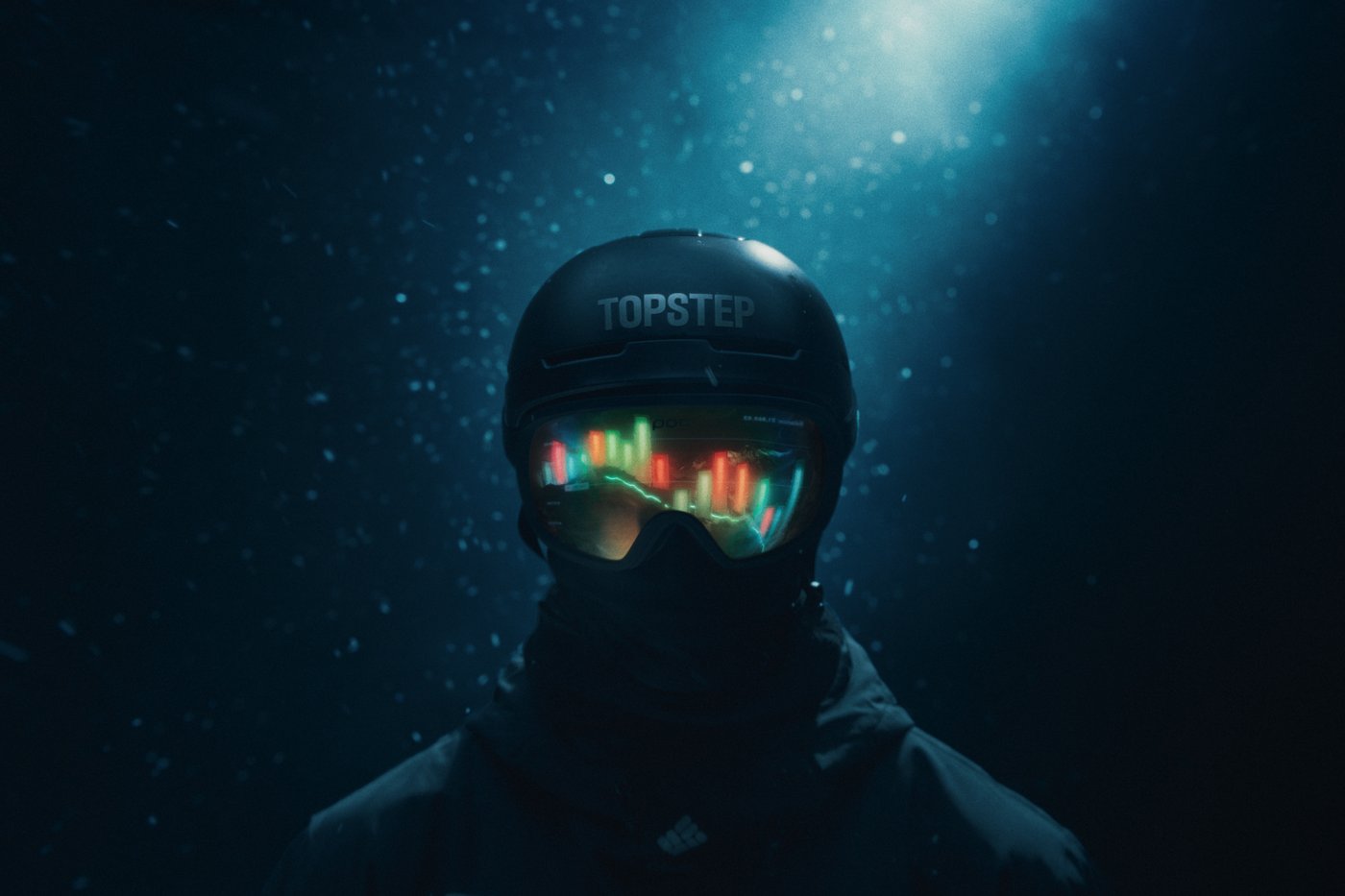 Topstep — helmet with trading data reflected in the goggles