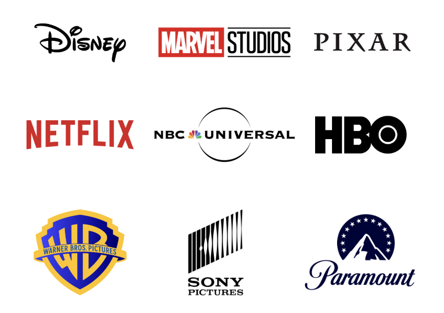Disney, Marvel Studios, Pixar, Netflix, NBC Universal, HBO, Warner Bros, Sony Pictures, Paramount